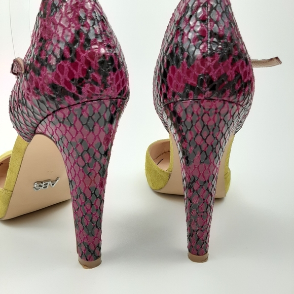 Allen Schwartz Citron Raspberry Deco Suede and Snakeskin Heels Size 9.5 - Picture 10 of 16